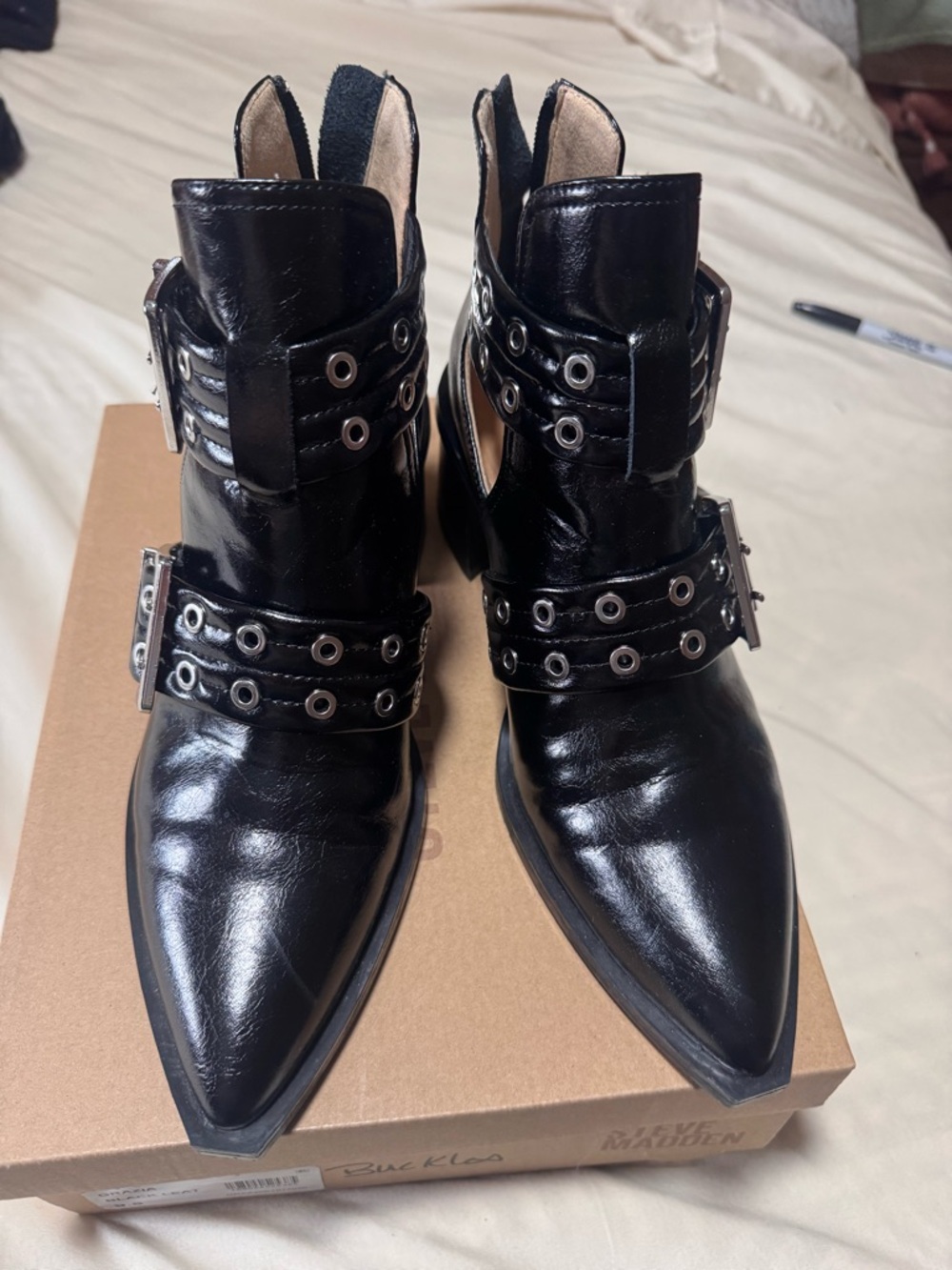 Steve Madden Black Patent Pointed Ankle Booties with Grommet Straps